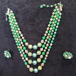 Vintage Green 4 Strand Beaded Necklace with Matching Clip On Earrings